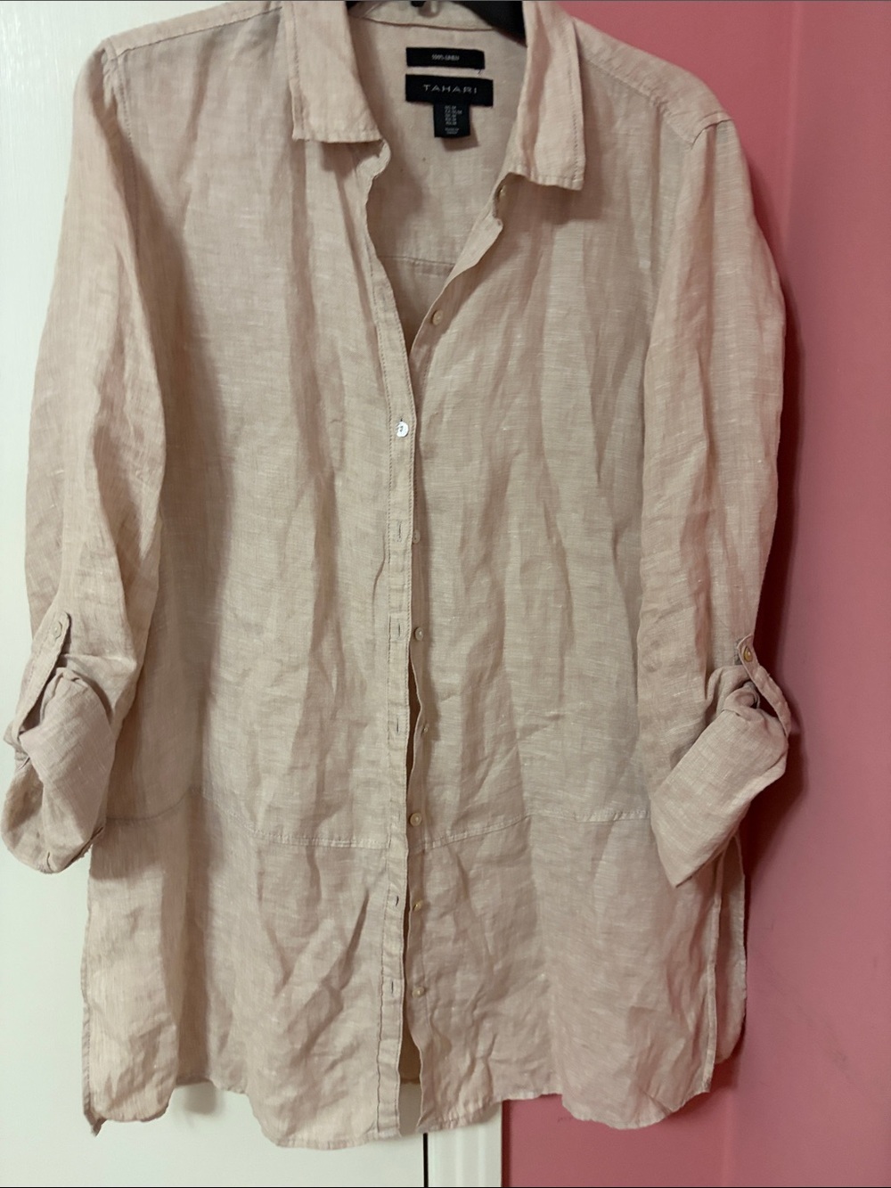 Tahari Pale Blush Linen Button-Down Tunic Shirt